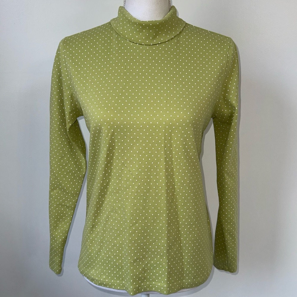 Lands’‎ End XS Olive Green Polka Dot TurtleNeck 100% Cotton Top Preppy